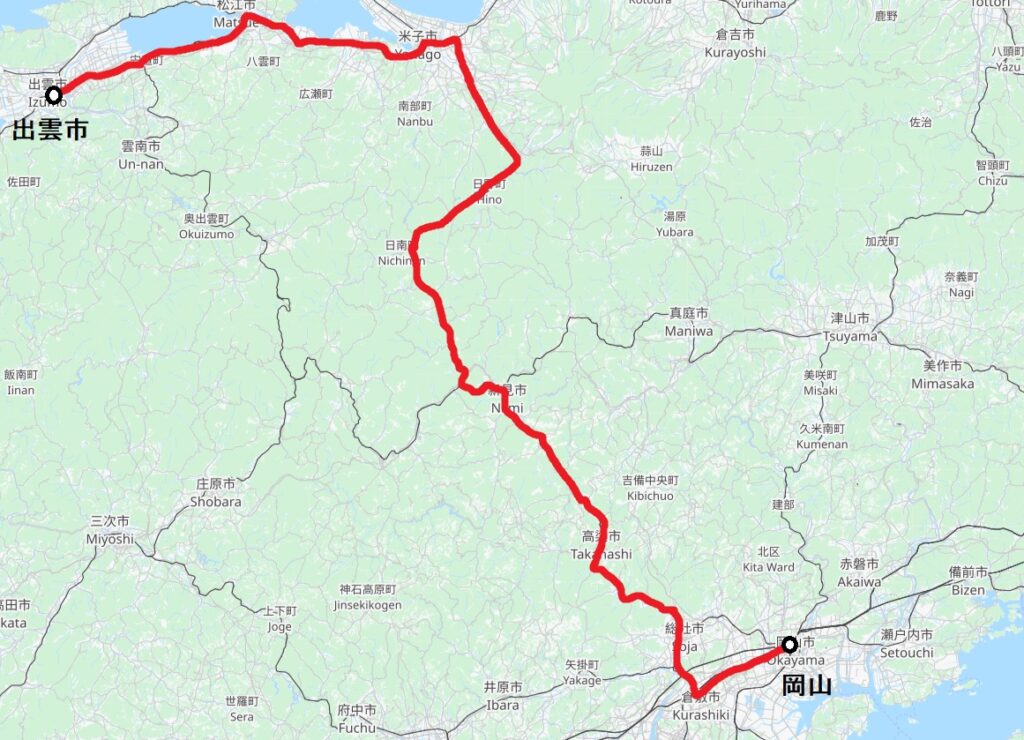 特急やくもの運行区間（岡山〜出雲市）の路線図